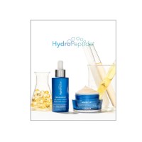 The front cover of the Hydropeptide Client brochure with the FirmaBright Serum and Power Luxe Moisturizer and test tubes with a clear yellow liquid